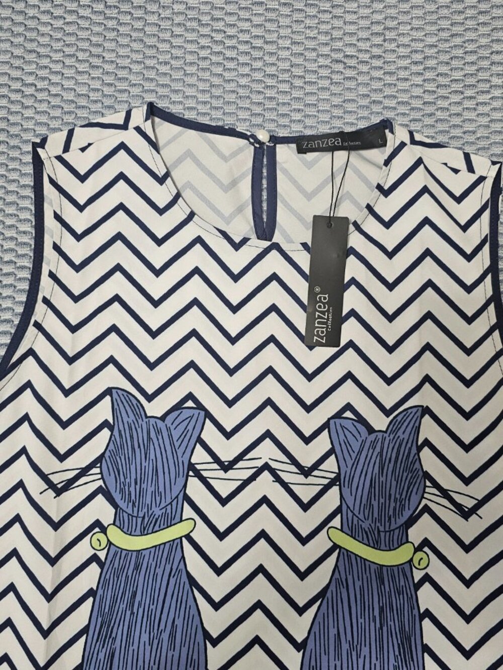 Zanzea Chevron Sleeveless Blue White with Cat Print Design Dress Size Large NEW - Picture 4 of 6